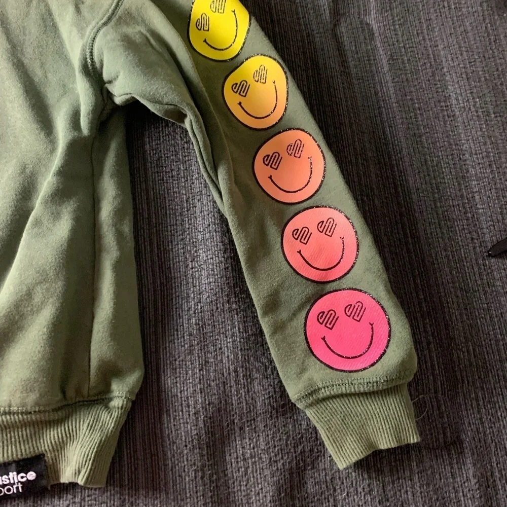 Justice Sport Olive Green Smiley Floral Sweatshirt Medium
